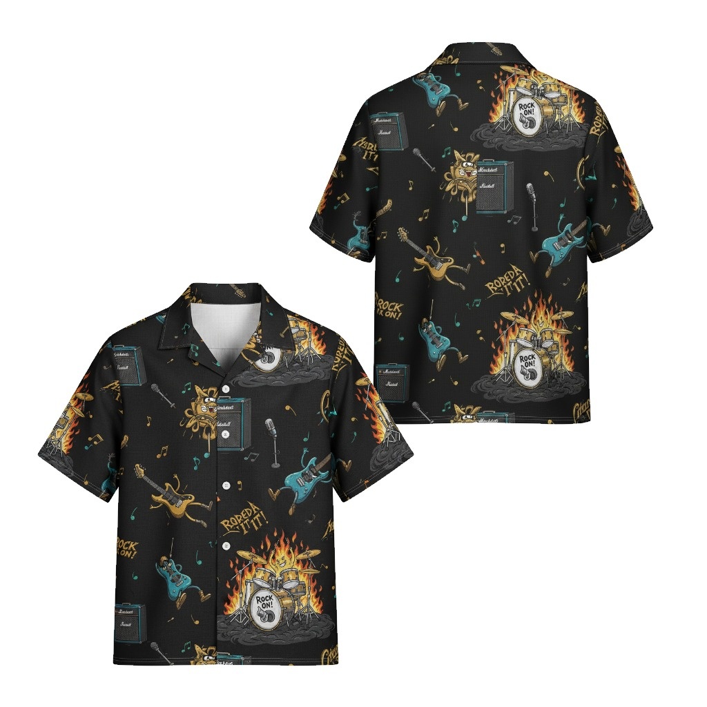 Black Rock Guitar Drum Amp Hawaiian Shirt Front Back - Fadebrick.com