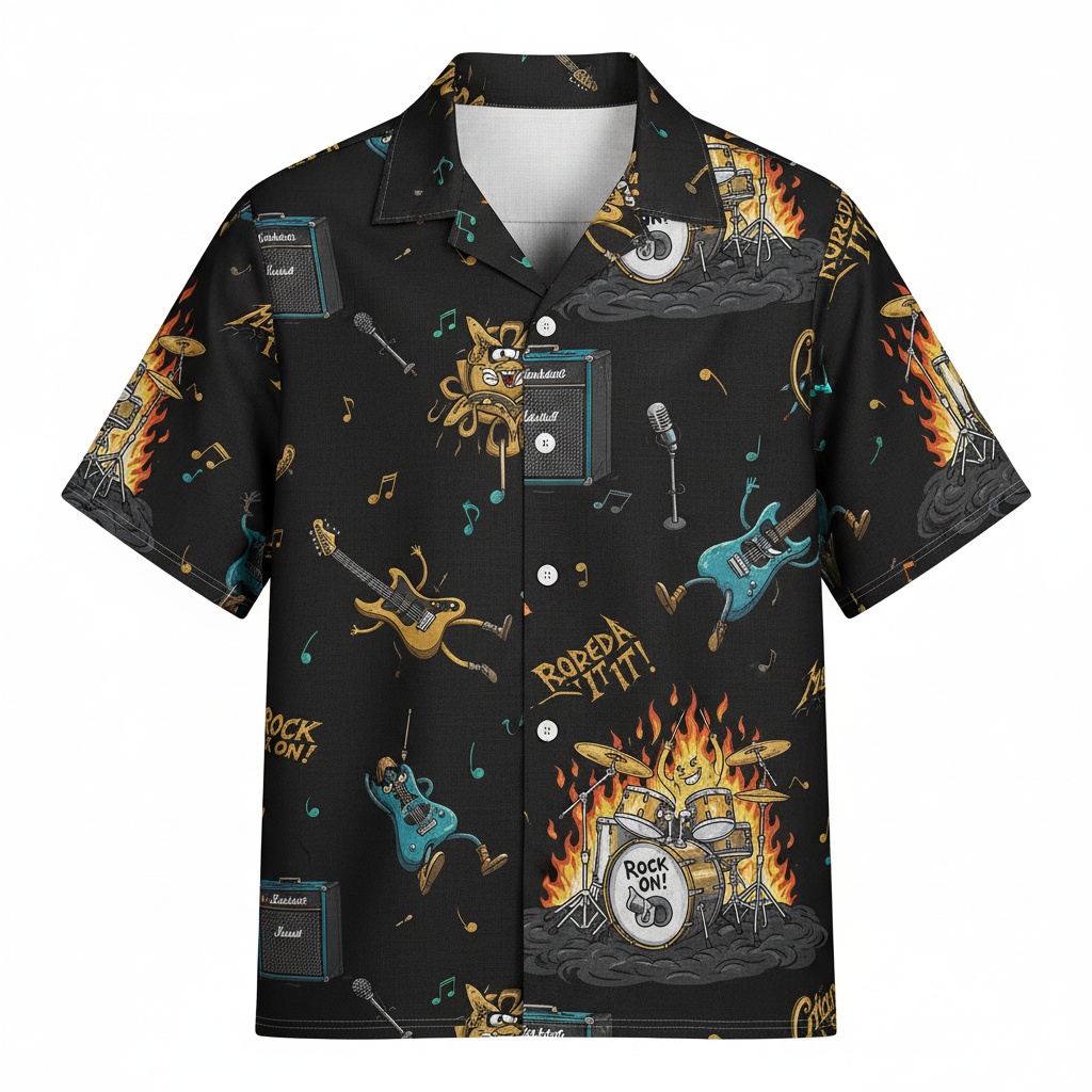 Black Rock Guitar Drum Amp Hawaiian Shirt Front - Fadebrick.com