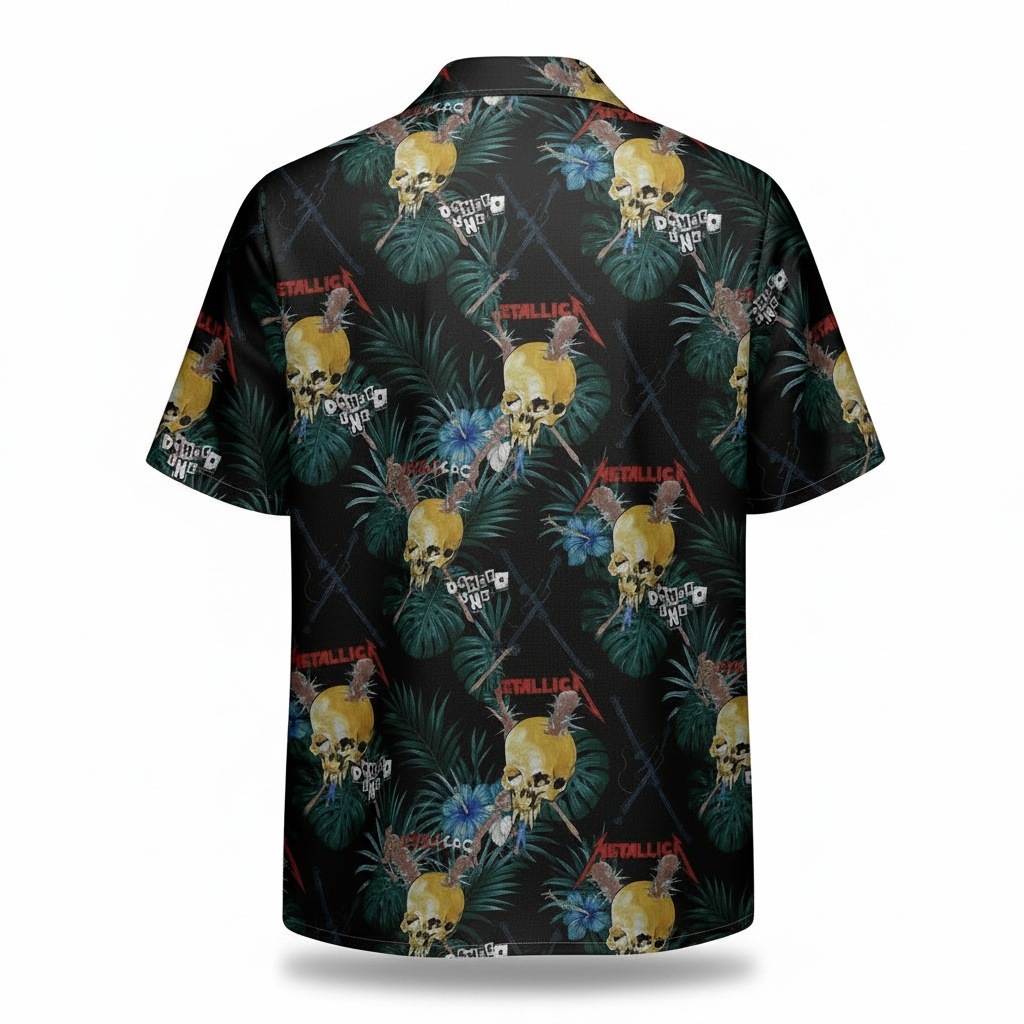 Black Skull Floral Hawaiian Shirt Mens Metallica Style Back - Fadebrick.com