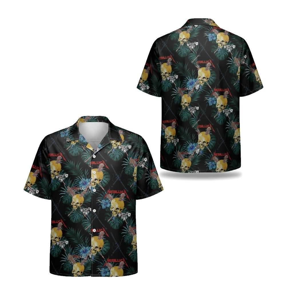 Black Skull Floral Hawaiian Shirt Mens Metallica Style Front Back - Fadebrick.com