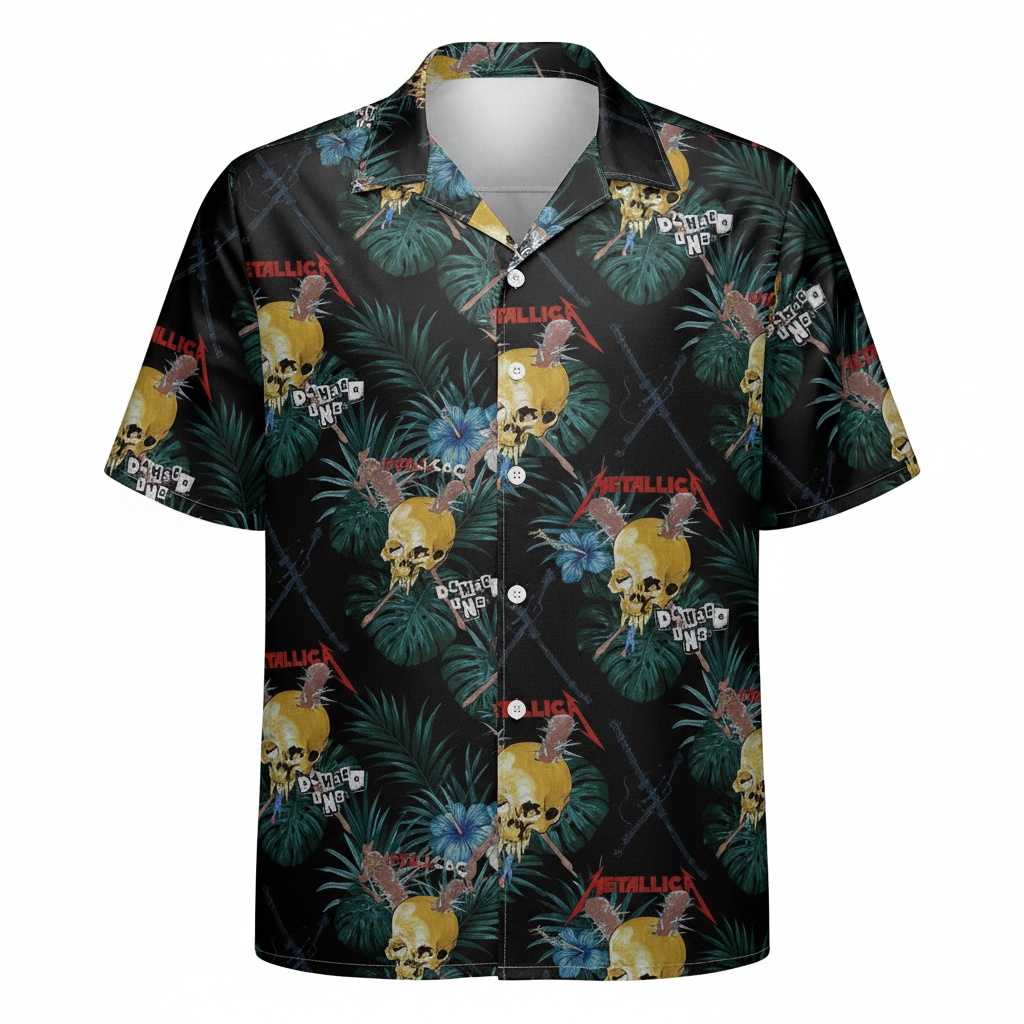 Black Skull Floral Hawaiian Shirt Mens Metallica Style Front - Fadebrick.com