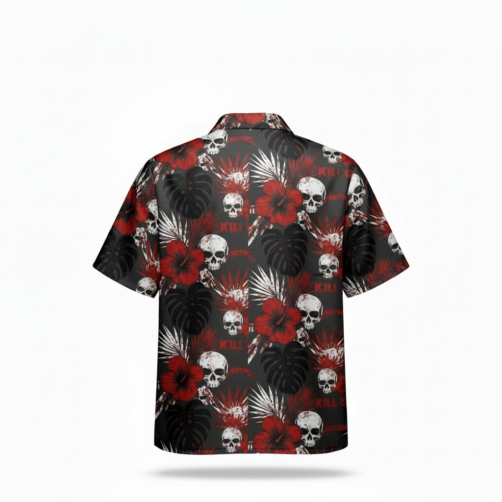 Black Skull Floral Print Hawaiian Shirt Men's Short Sleeve Back - Fadebrick.com