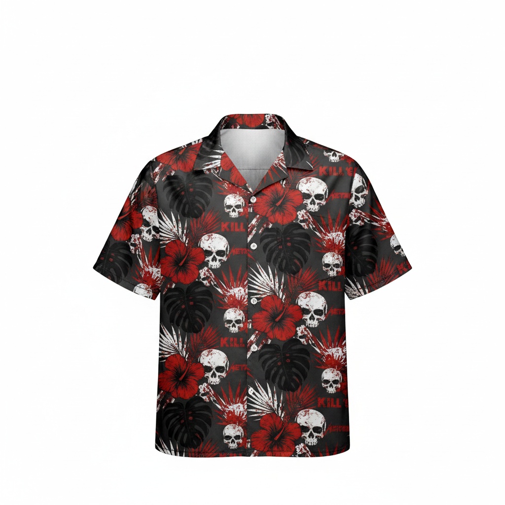 Black Skull Floral Print Hawaiian Shirt Men's Short Sleeve Front - Fadebrick.com