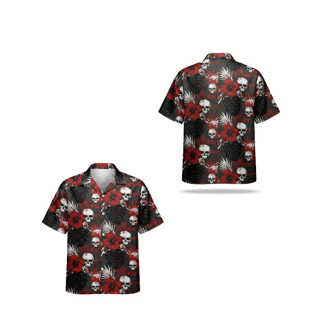 Black Skull Floral Print Hawaiian Shirt Men's Short Sleeve - Fadebrick.com