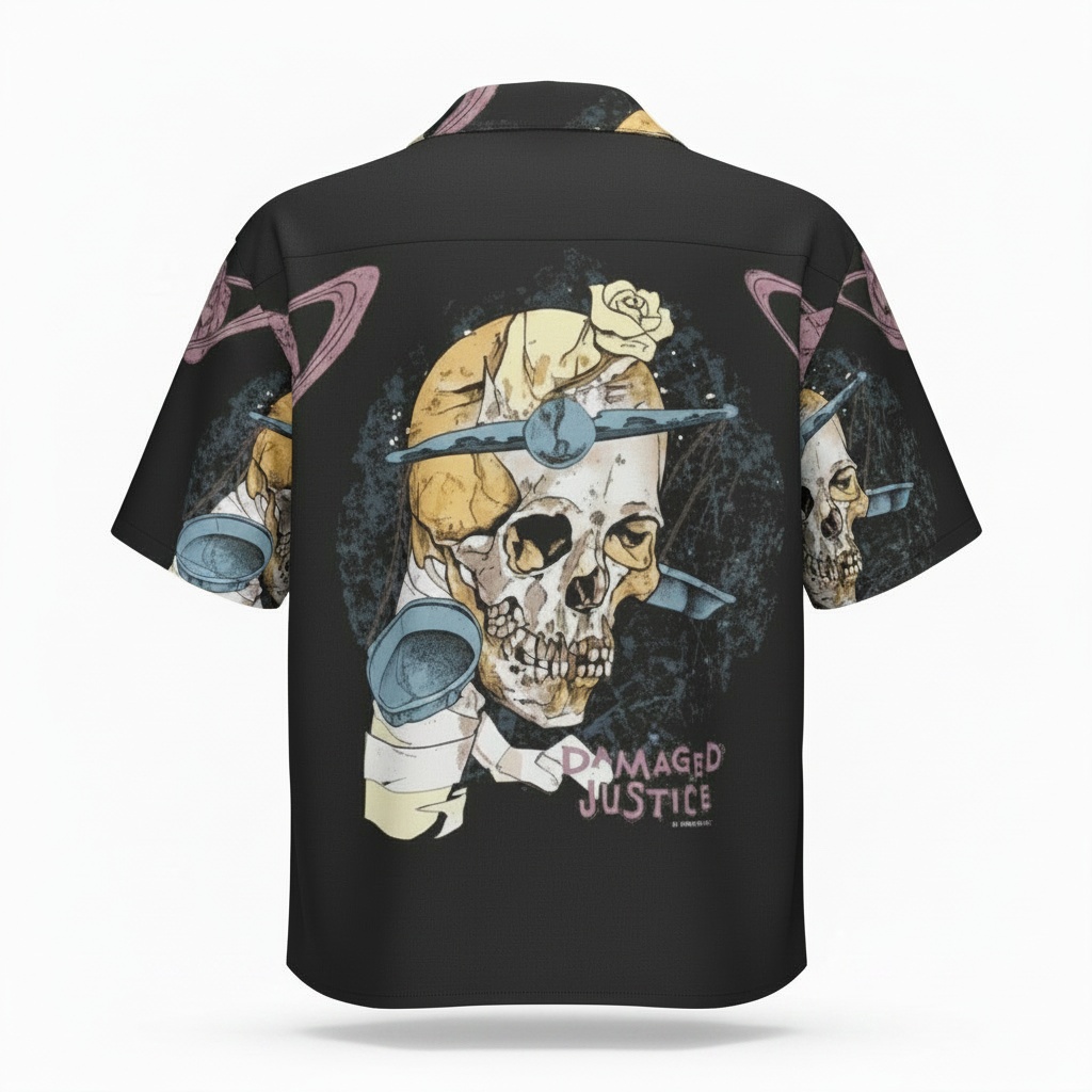 Black Skull Graphic Hawaiian Shirt Damaged Justice Style Back - Fadebrick.com