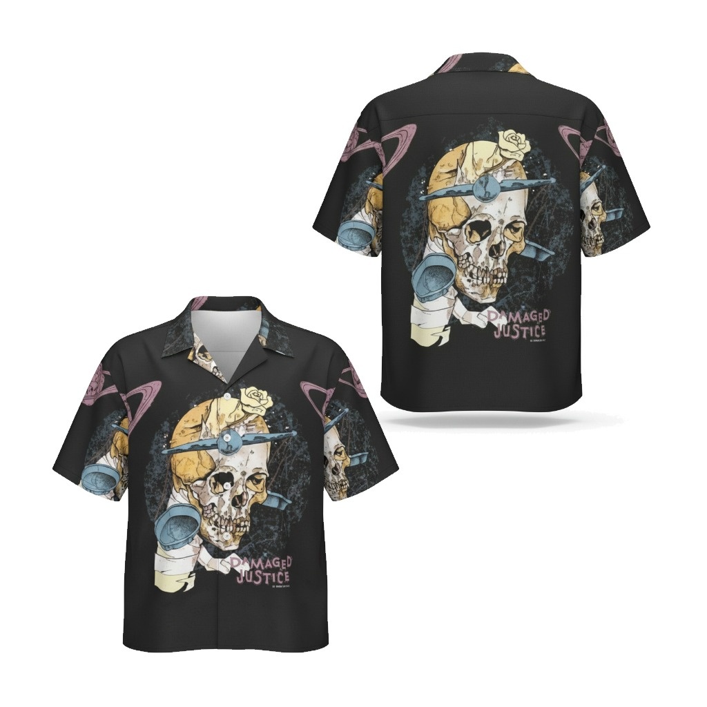 Black Skull Graphic Hawaiian Shirt Damaged Justice Style Front Back - Fadebrick.com