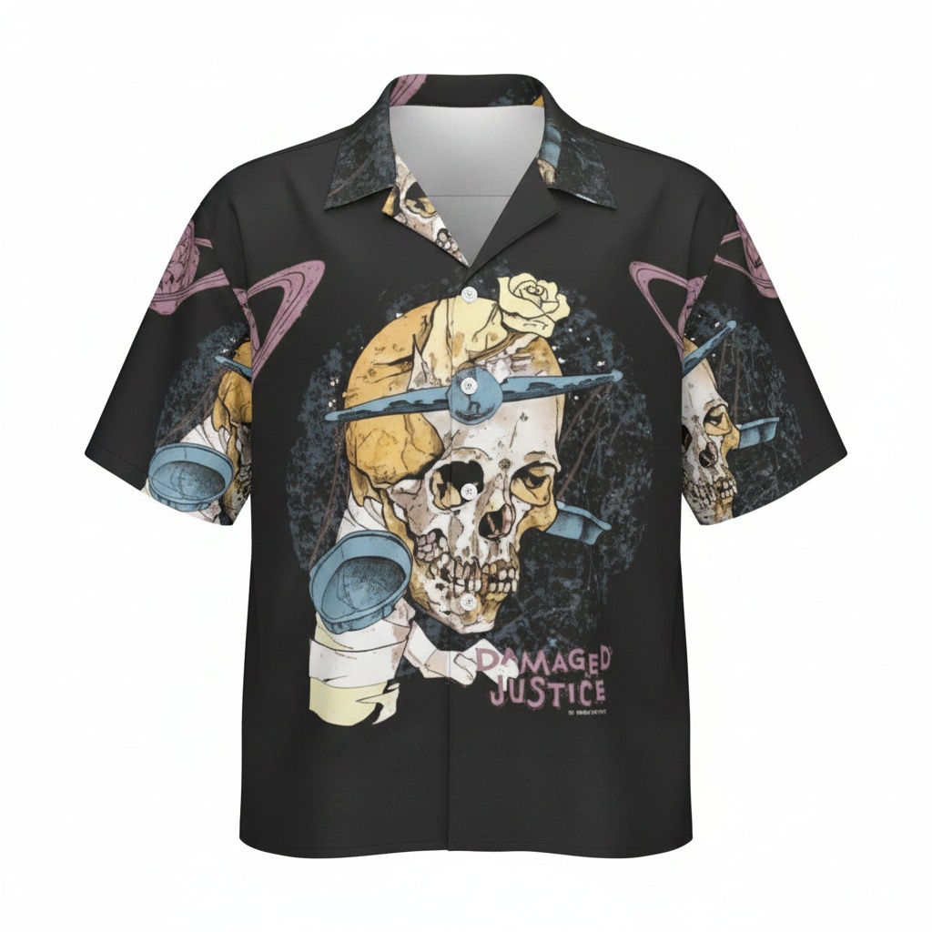 Black Skull Graphic Hawaiian Shirt Damaged Justice Style Front - Fadebrick.com