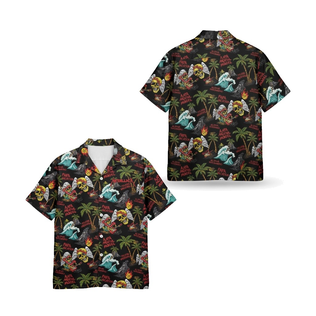 Black Skull Hawaiian Shirt Aloha Vacation Style Front Back - Fadebrick.com