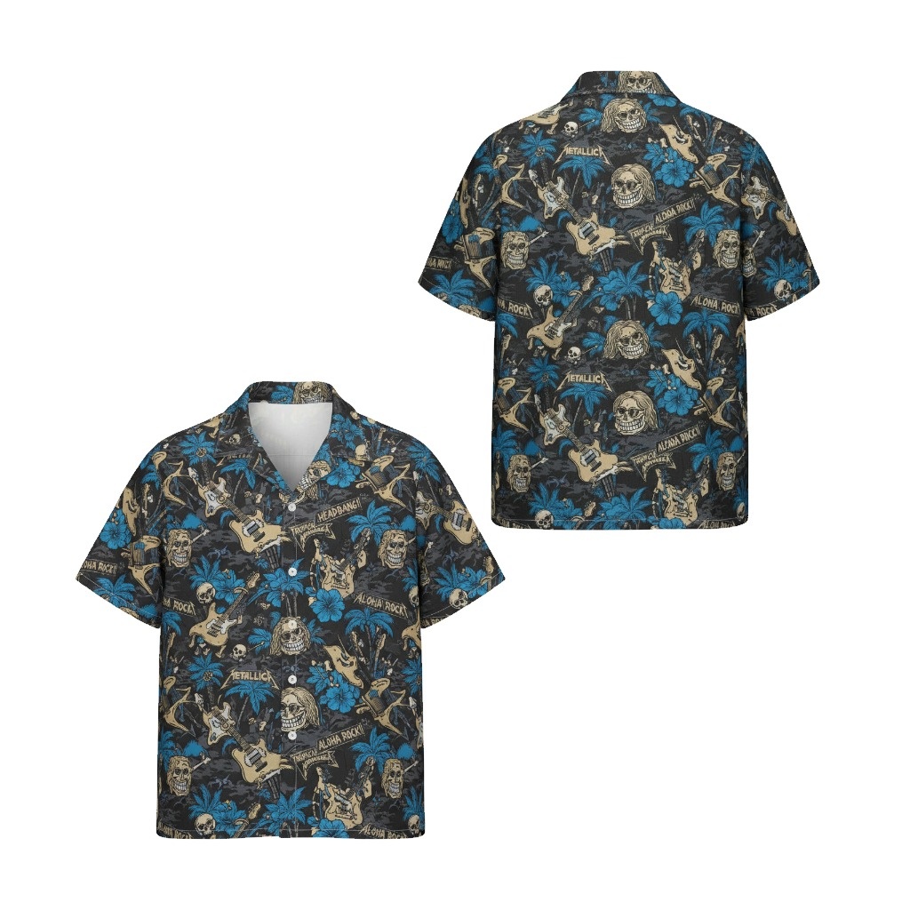 Black Tropical Rock Hawaiian Shirt Men's Graphic Print Front Back - Fadebrick.com