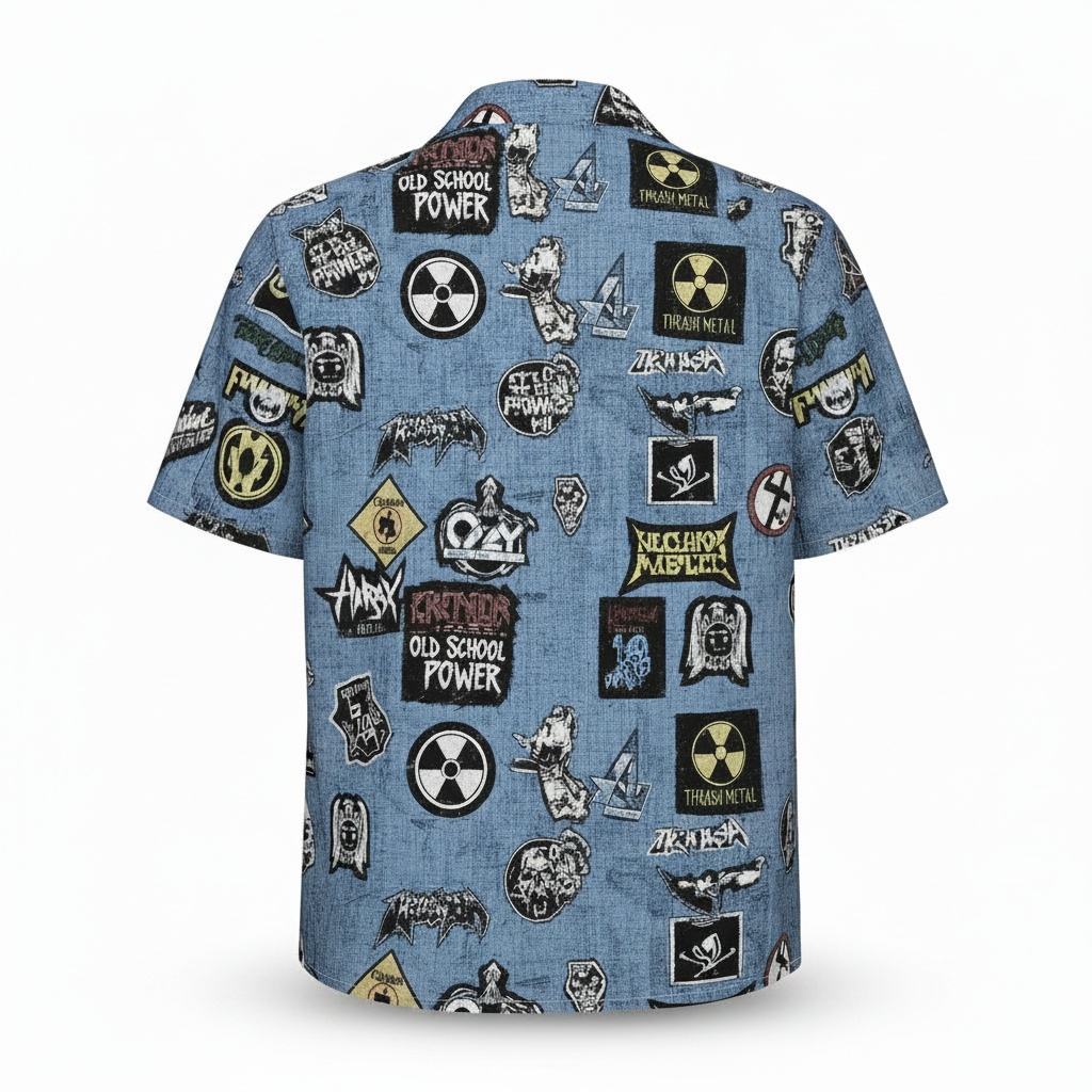 Blue Denim Heavy Metal Graphic Print Hawaiian Shirt Back - Fadebrick.com