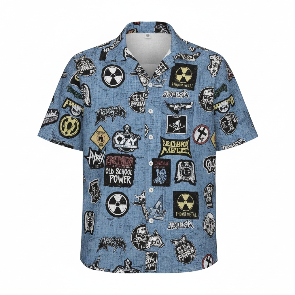 Blue Denim Heavy Metal Graphic Print Hawaiian Shirt Front - Fadebrick.com