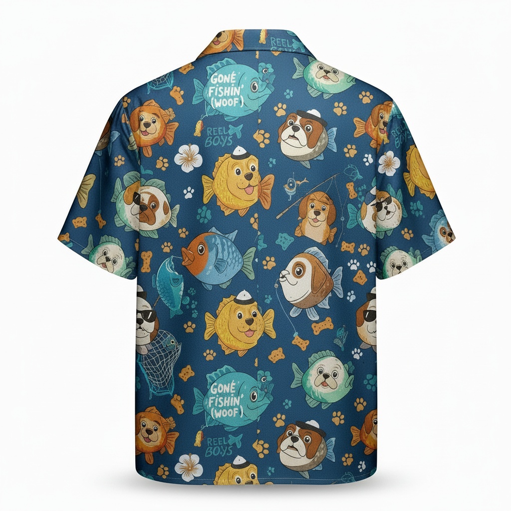 Blue Dog Fishing Hawaiian Shirt Fun Print Back - Fadebrick.com