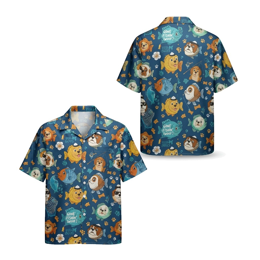 Blue Dog Fishing Hawaiian Shirt Fun Print Front Back - Fadebrick.com