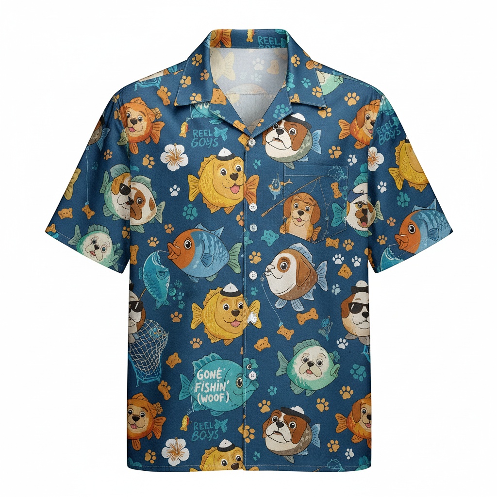 Blue Dog Fishing Hawaiian Shirt Fun Print Front - Fadebrick.com