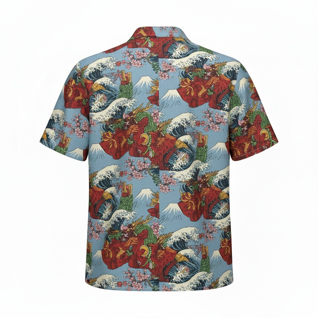 Blue Japanese Dragon Floral Print Short Sleeve Shirt Back - Fadebrick.com