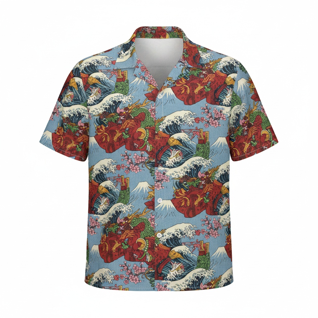Blue Japanese Dragon Floral Print Short Sleeve Shirt Front - Fadebrick.com