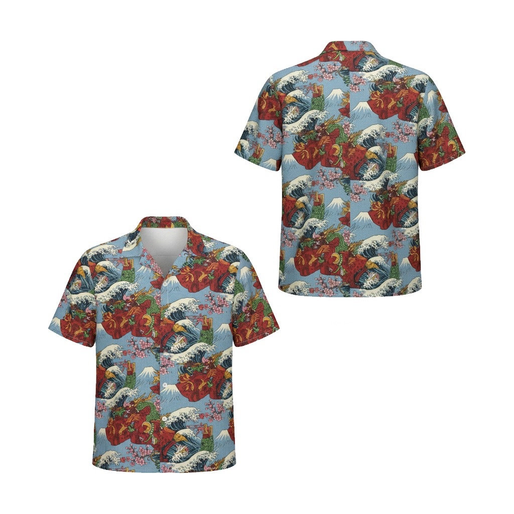 Blue Japanese Dragon Floral Print Short Sleeve Shirt - Fadebrick.com