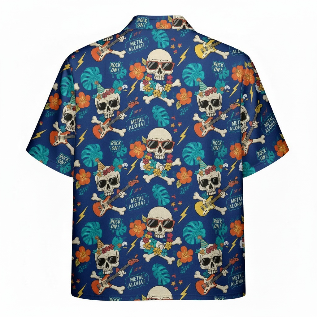 Blue Skull Guitar Hawaiian Shirt Metal Aloha Design Back - Fadebrick.com