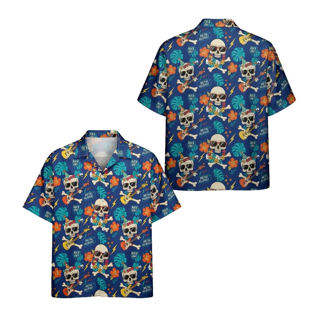 Blue Skull Guitar Hawaiian Shirt Metal Aloha Design Front Back - Fadebrick.com
