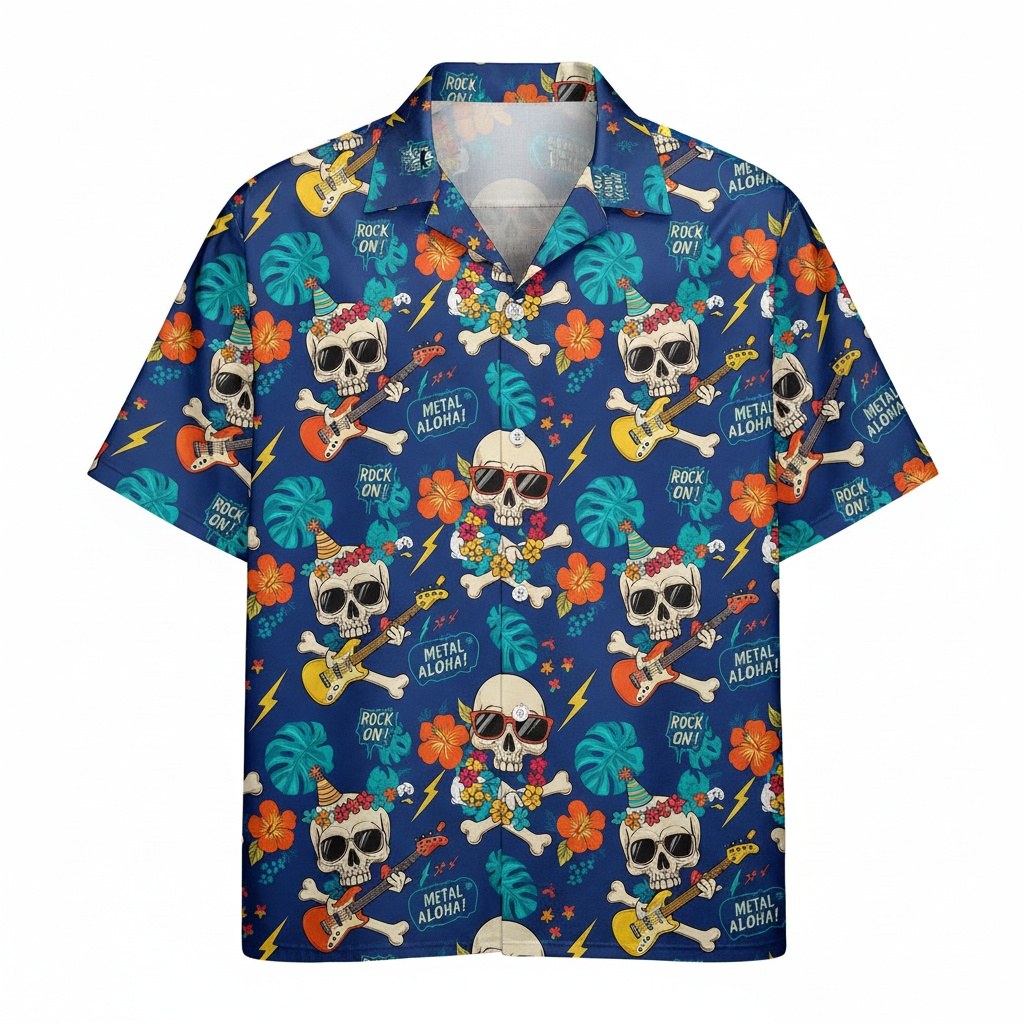 Blue Skull Guitar Hawaiian Shirt Metal Aloha Design Front - Fadebrick.com