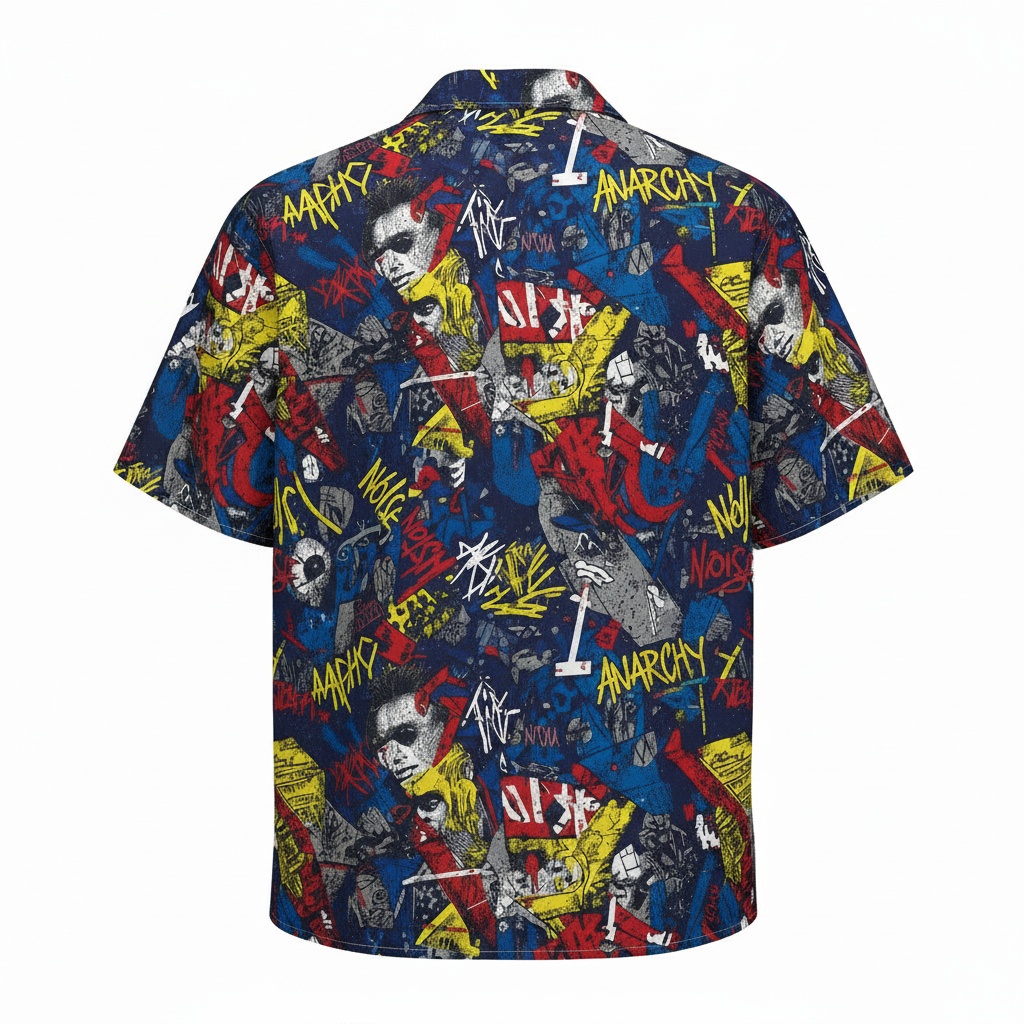 Bold Anarchy Print Hawaiian Shirt Blue Red Yellow Back - Fadebrick.com