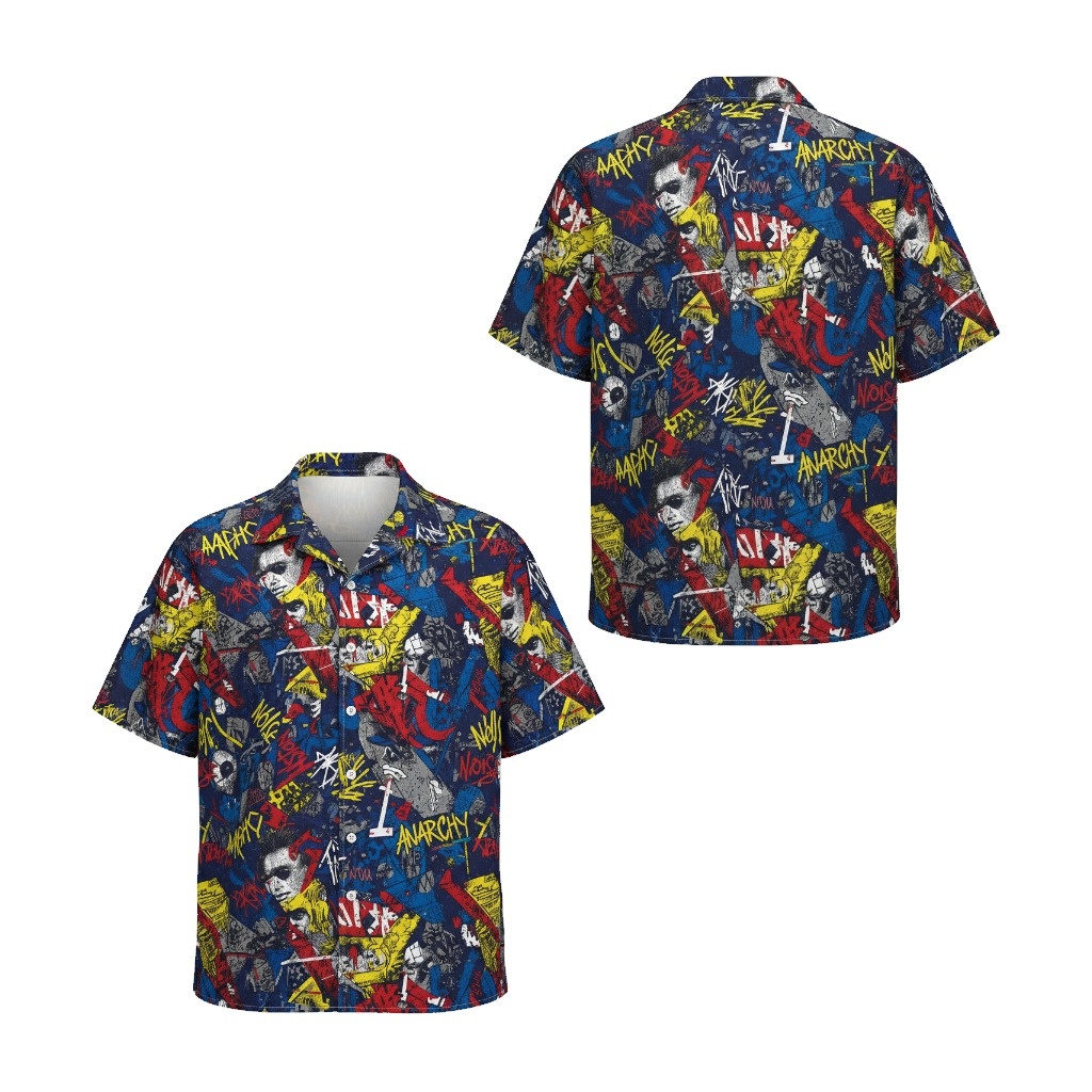 Bold Anarchy Print Hawaiian Shirt Blue Red Yellow Front Back - Fadebrick.com