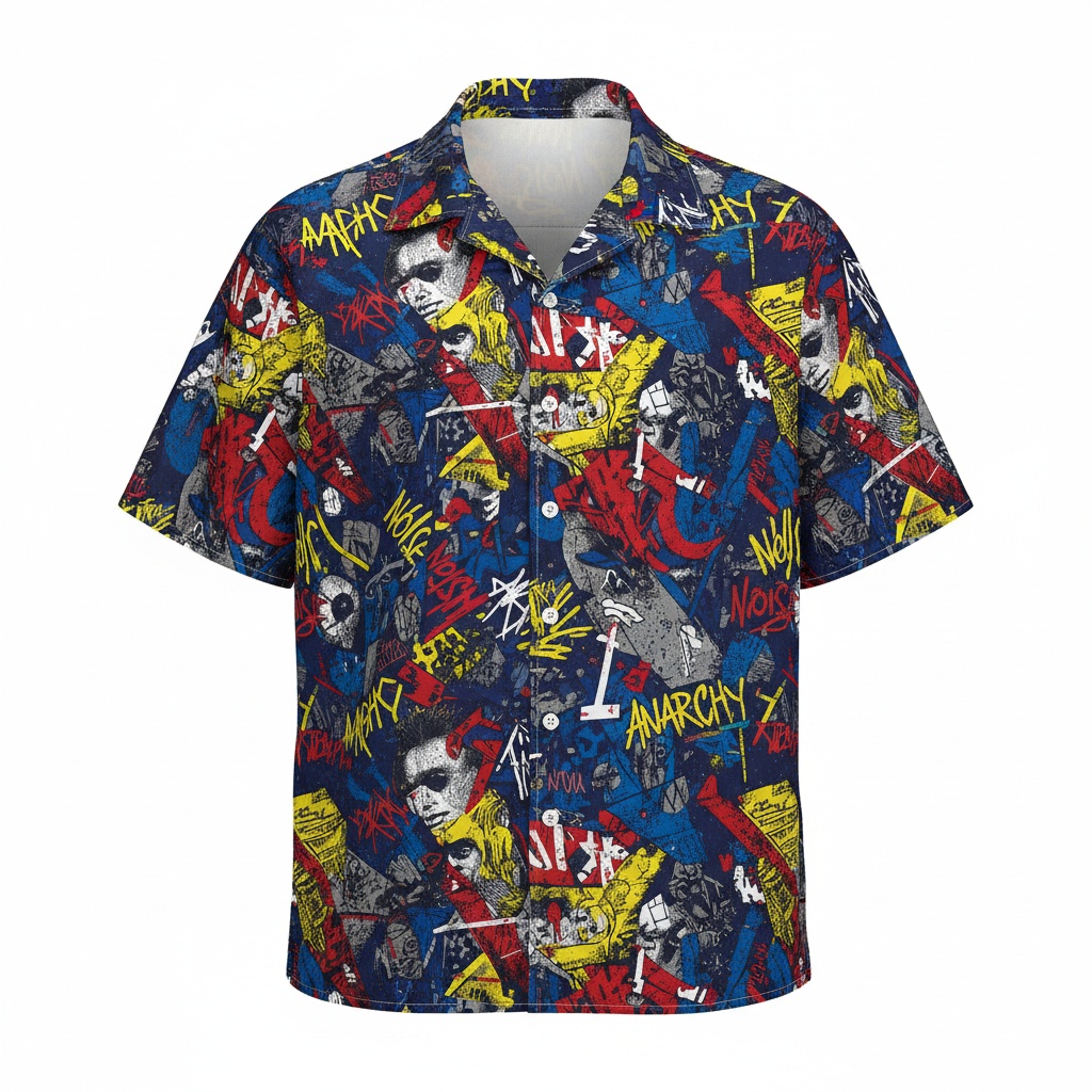 Bold Anarchy Print Hawaiian Shirt Blue Red Yellow Front - Fadebrick.com