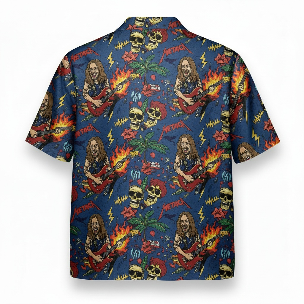 Bold Blue Metallica Graphic Hawaiian Shirt Rock Concert Back - Fadebrick.com