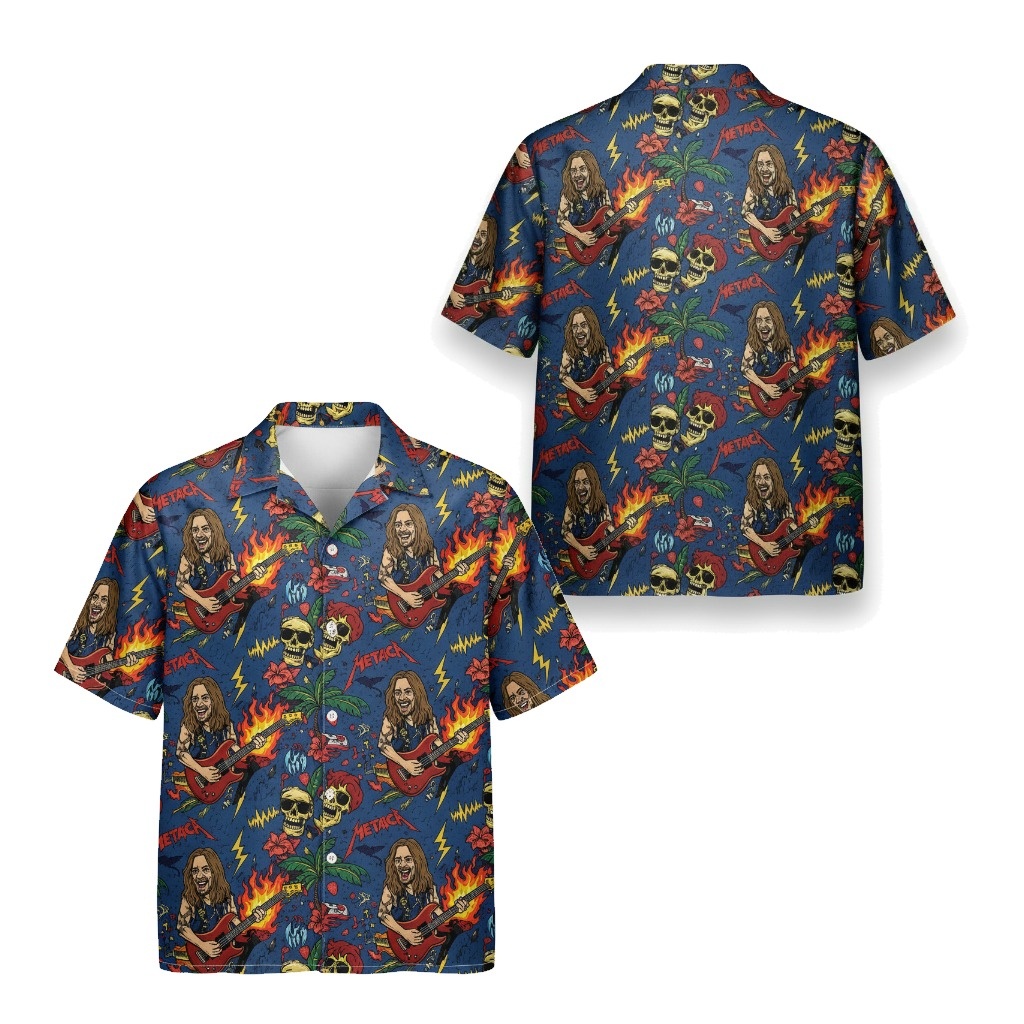Bold Blue Metallica Graphic Hawaiian Shirt Rock Concert Front Back - Fadebrick.com