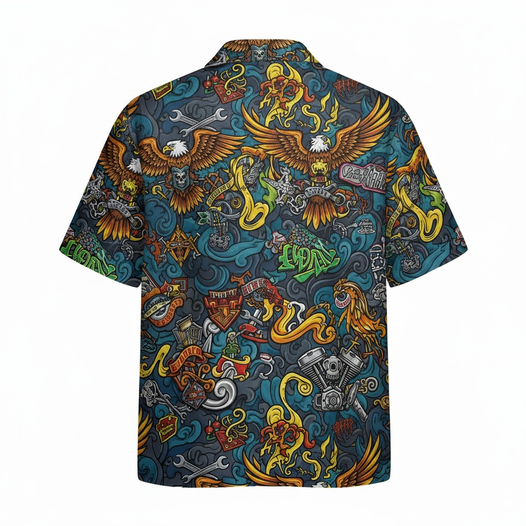 Bold Eagle Motorcycle Hawaiian Shirt Dark Blue Back - Fadebrick.com