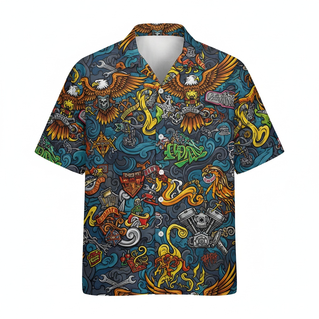 Bold Eagle Motorcycle Hawaiian Shirt Dark Blue Front - Fadebrick.com