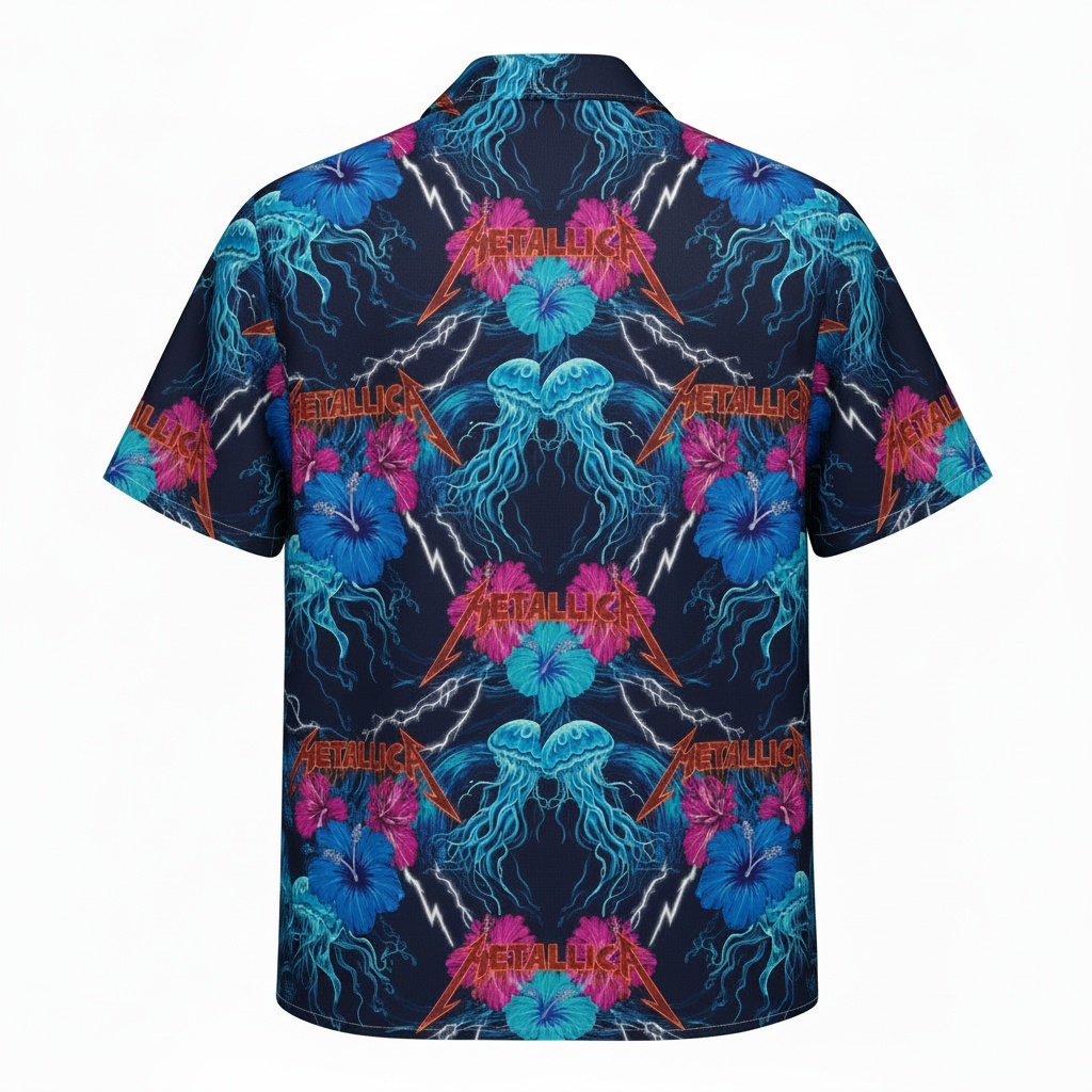 Bold Navy Blue Metallica Jellyfish Hibiscus Hawaiian Shirt Back - Fadebrick.com