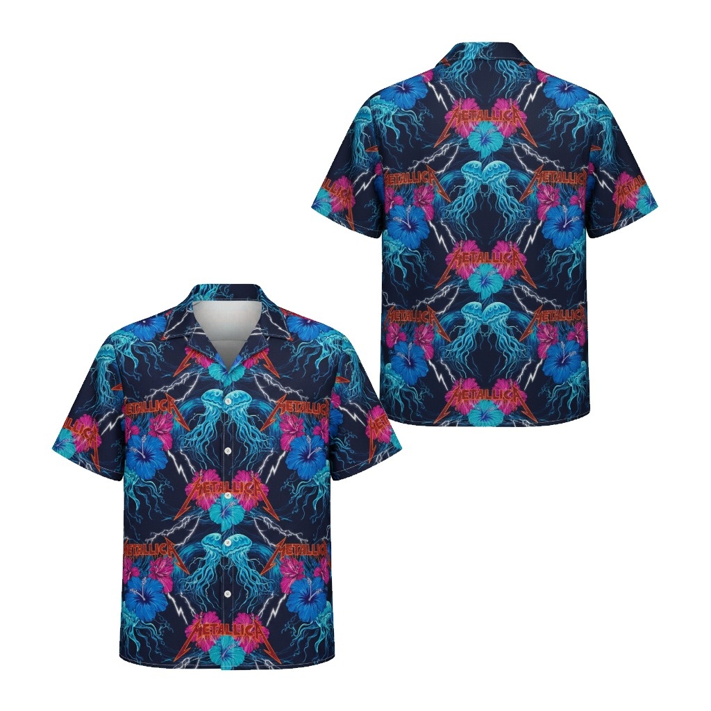 Bold Navy Blue Metallica Jellyfish Hibiscus Hawaiian Shirt Front Back - Fadebrick.com