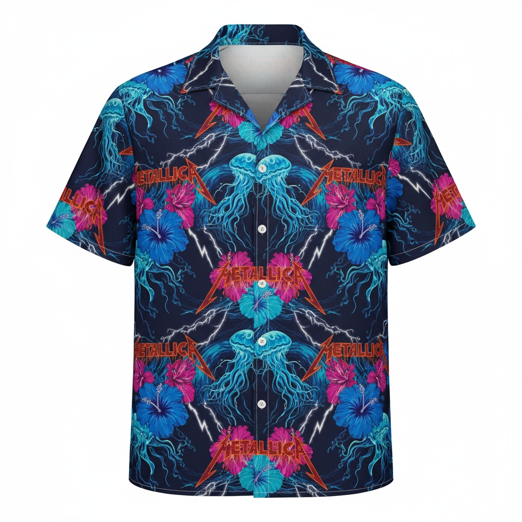 Bold Navy Blue Metallica Jellyfish Hibiscus Hawaiian Shirt Front - Fadebrick.com