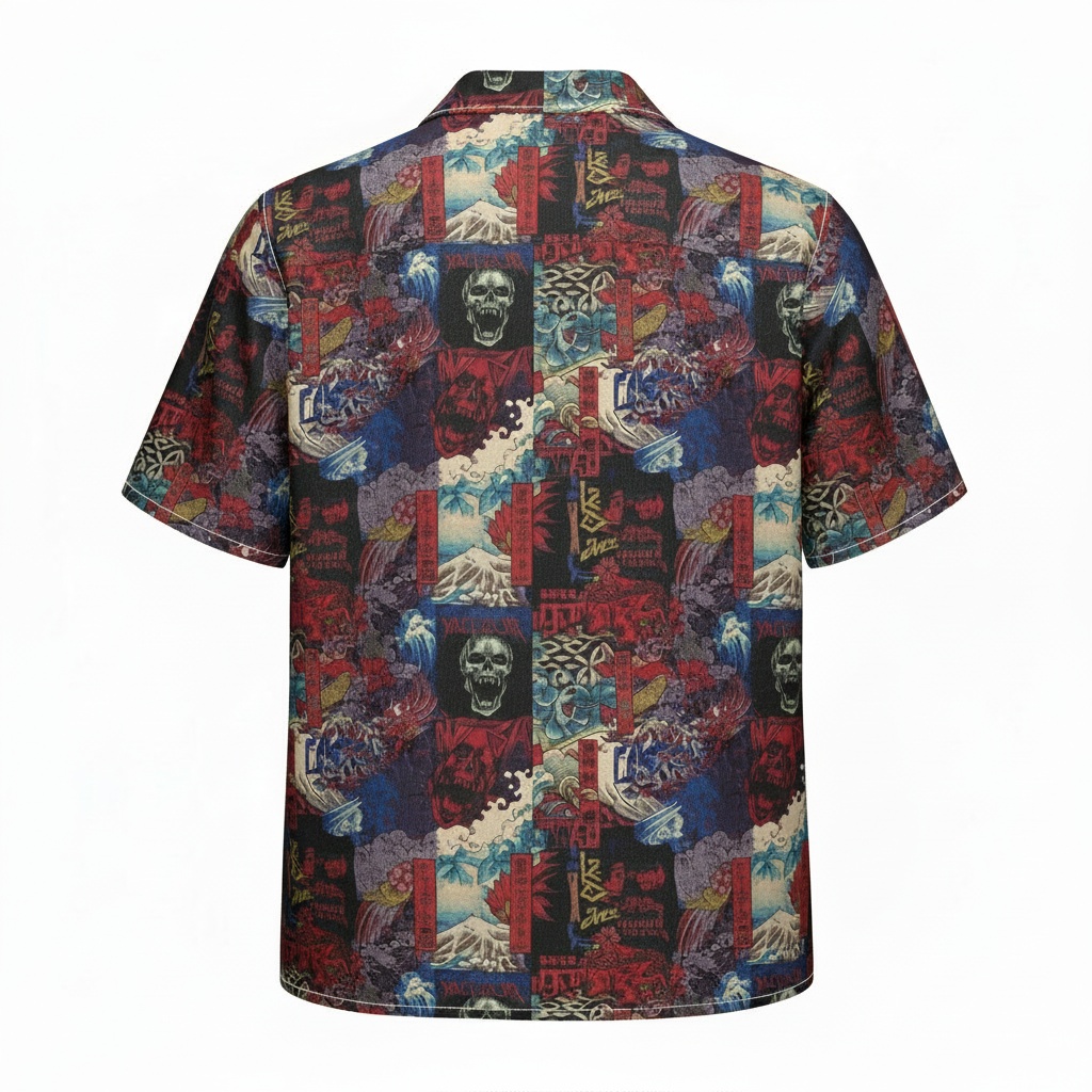 Bold Skull Japanese Art Hawaiian Shirt Men Red Blue Back - Fadebrick.com