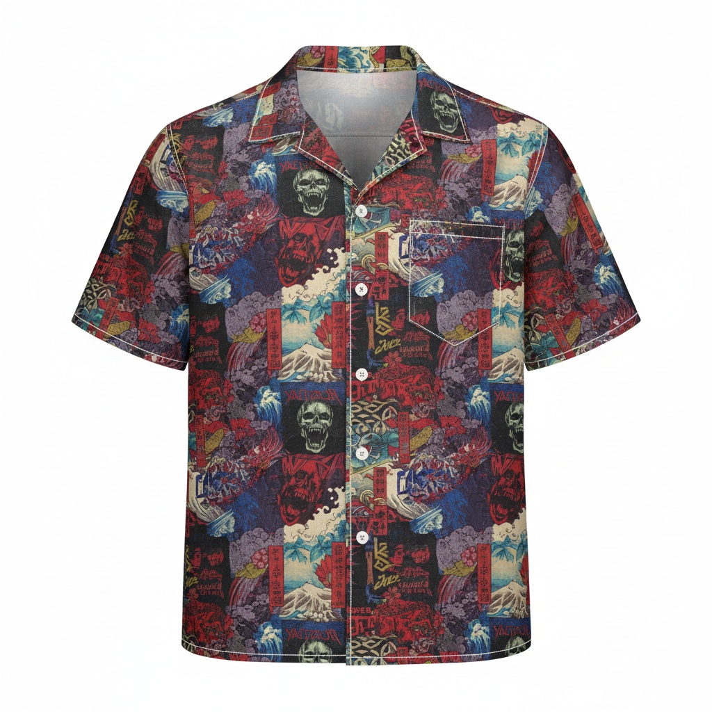 Bold Skull Japanese Art Hawaiian Shirt Men Red Blue Front - Fadebrick.com