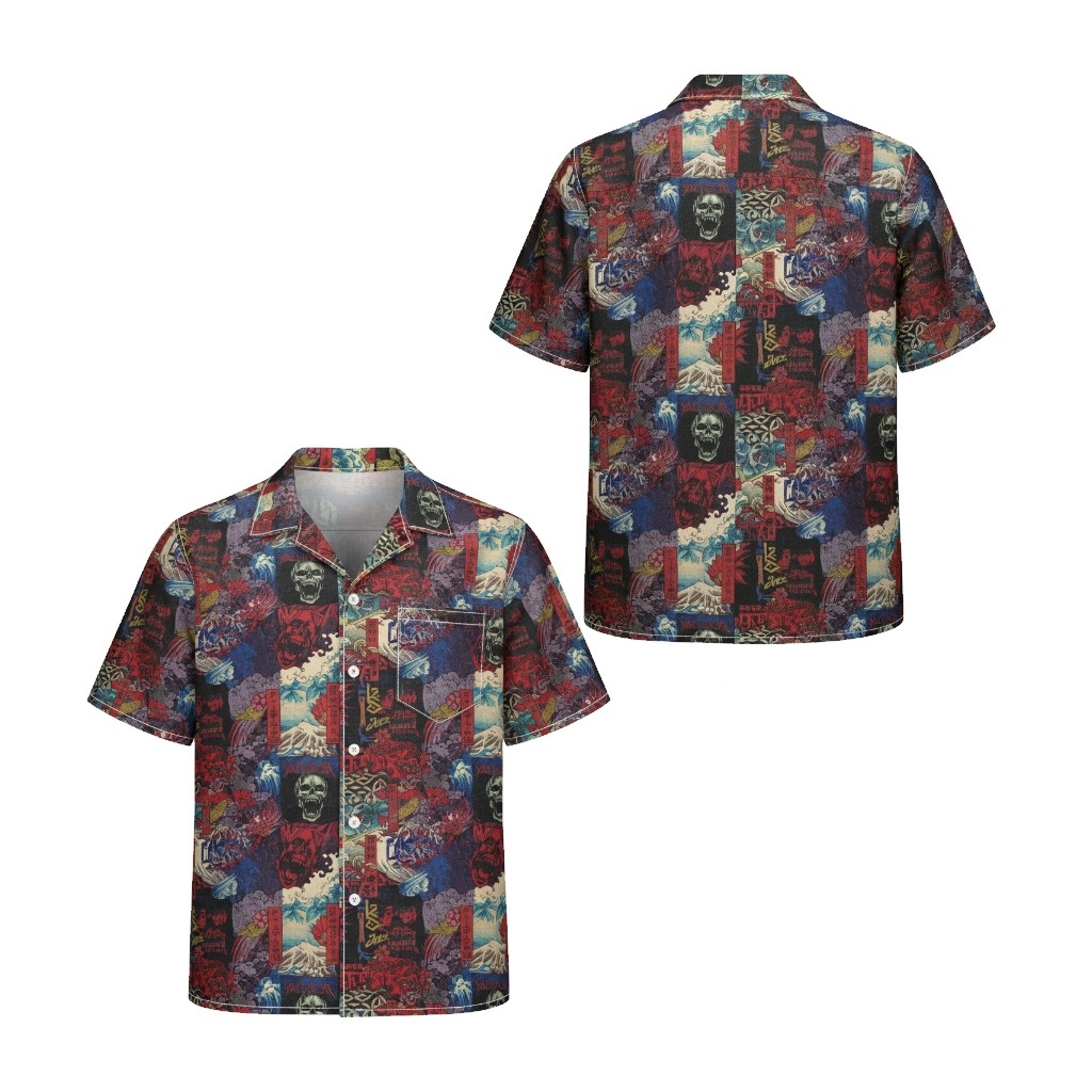 Bold Skull Japanese Art Hawaiian Shirt Men Red Blue - Fadebrick.com