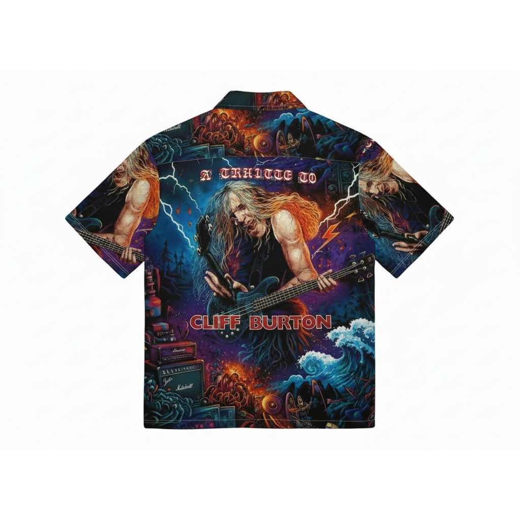 Cliff Burton Tribute Hawaiian Shirt Dark Purple Guitar Back - Fadebrick.com