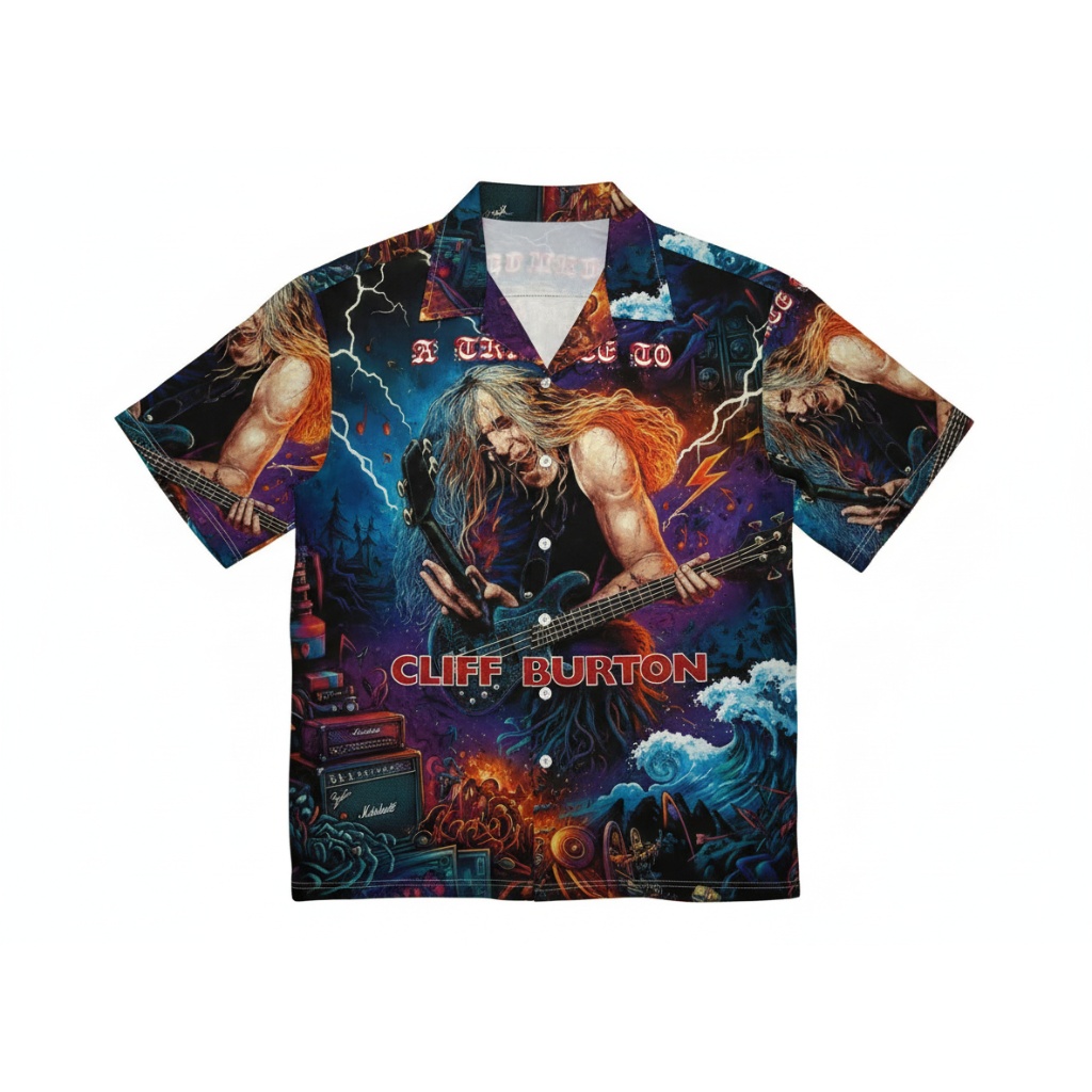 Cliff Burton Tribute Hawaiian Shirt Dark Purple Guitar Front - Fadebrick.com