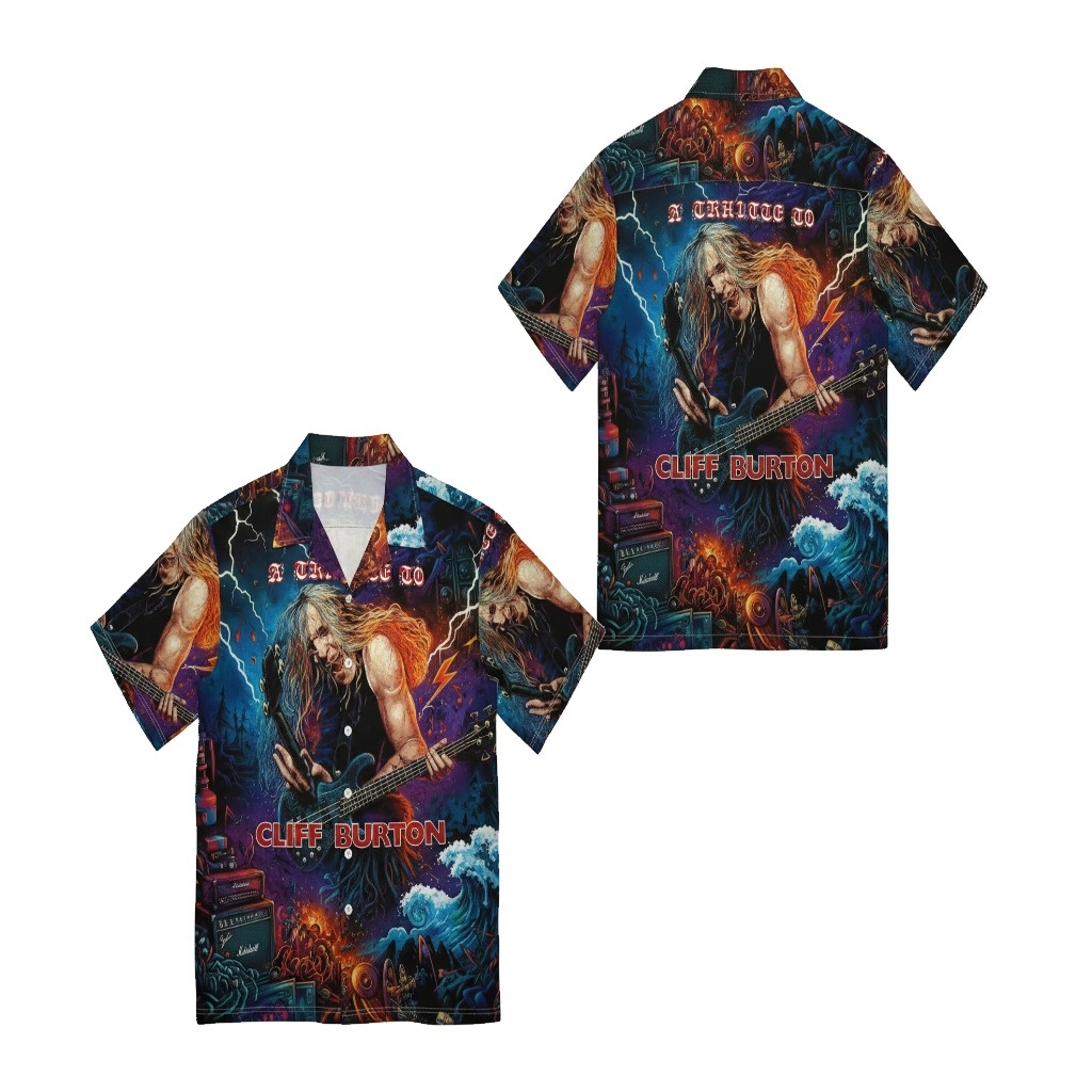 Cliff Burton Tribute Hawaiian Shirt Dark Purple Guitar - Fadebrick.com