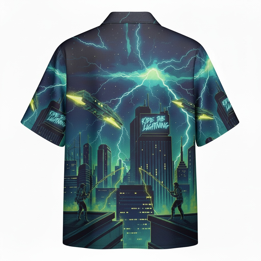 Cyberpunk Cityscape Hawaiian Shirt Electric Blue Lightning Back - Fadebrick.com