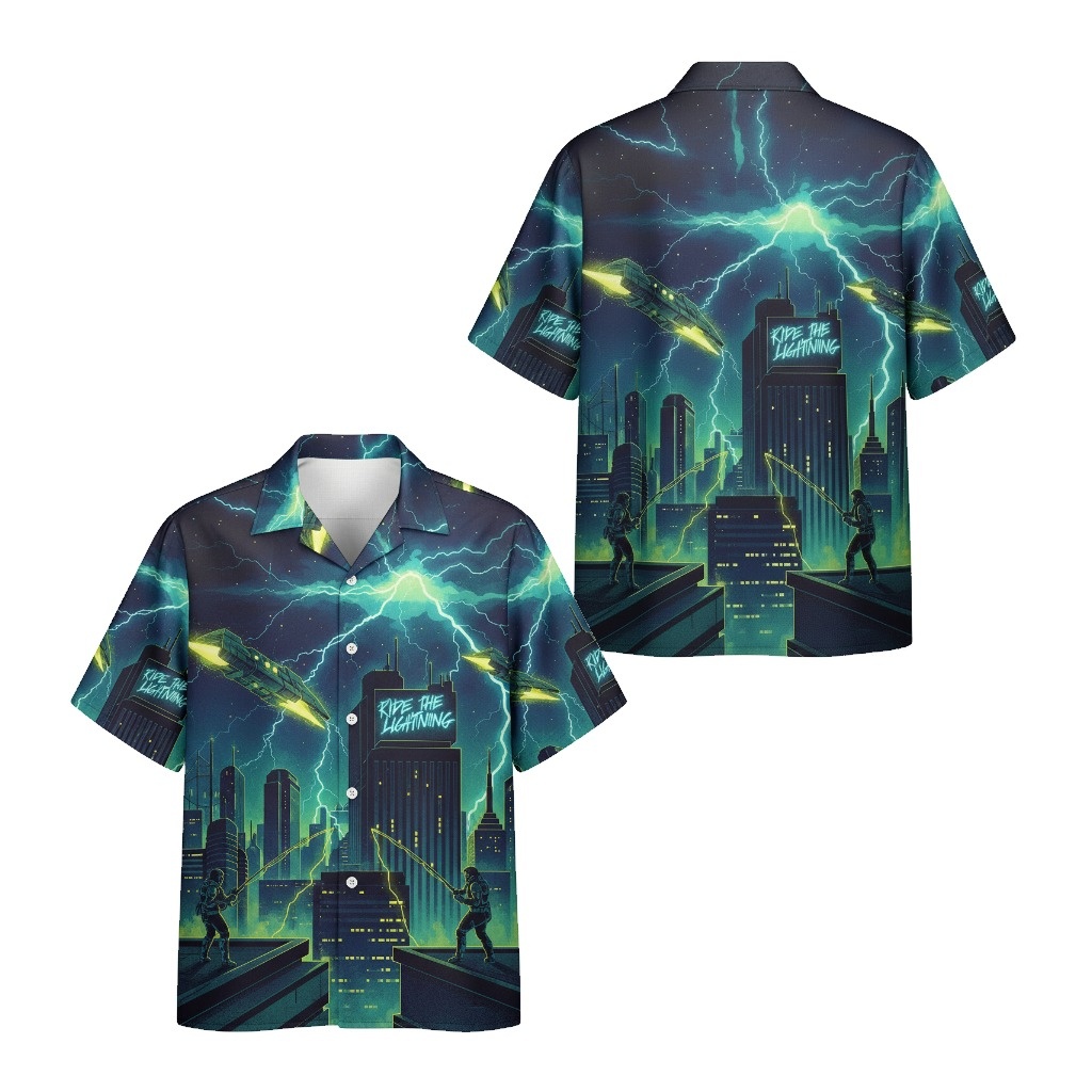 Cyberpunk Cityscape Hawaiian Shirt Electric Blue Lightning Front Back - Fadebrick.com