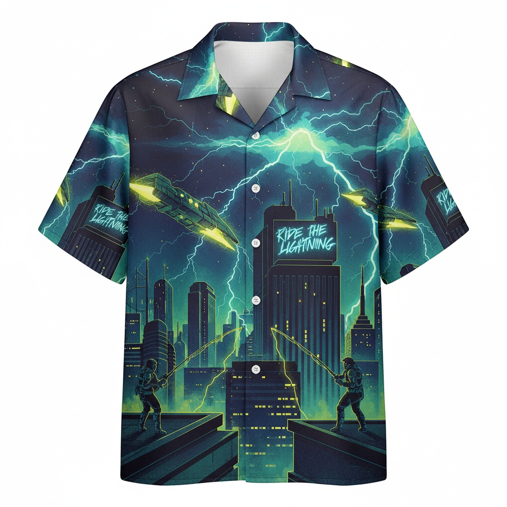 Cyberpunk Cityscape Hawaiian Shirt Electric Blue Lightning Front - Fadebrick.com