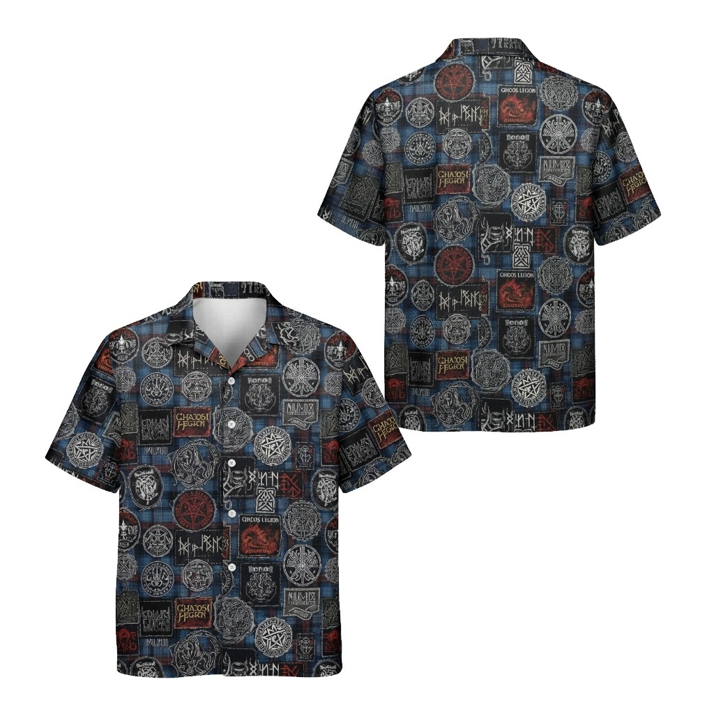 Dark Blue Band Patch Hawaiian Shirt Gothic Style Front Back - Fadebrick.com
