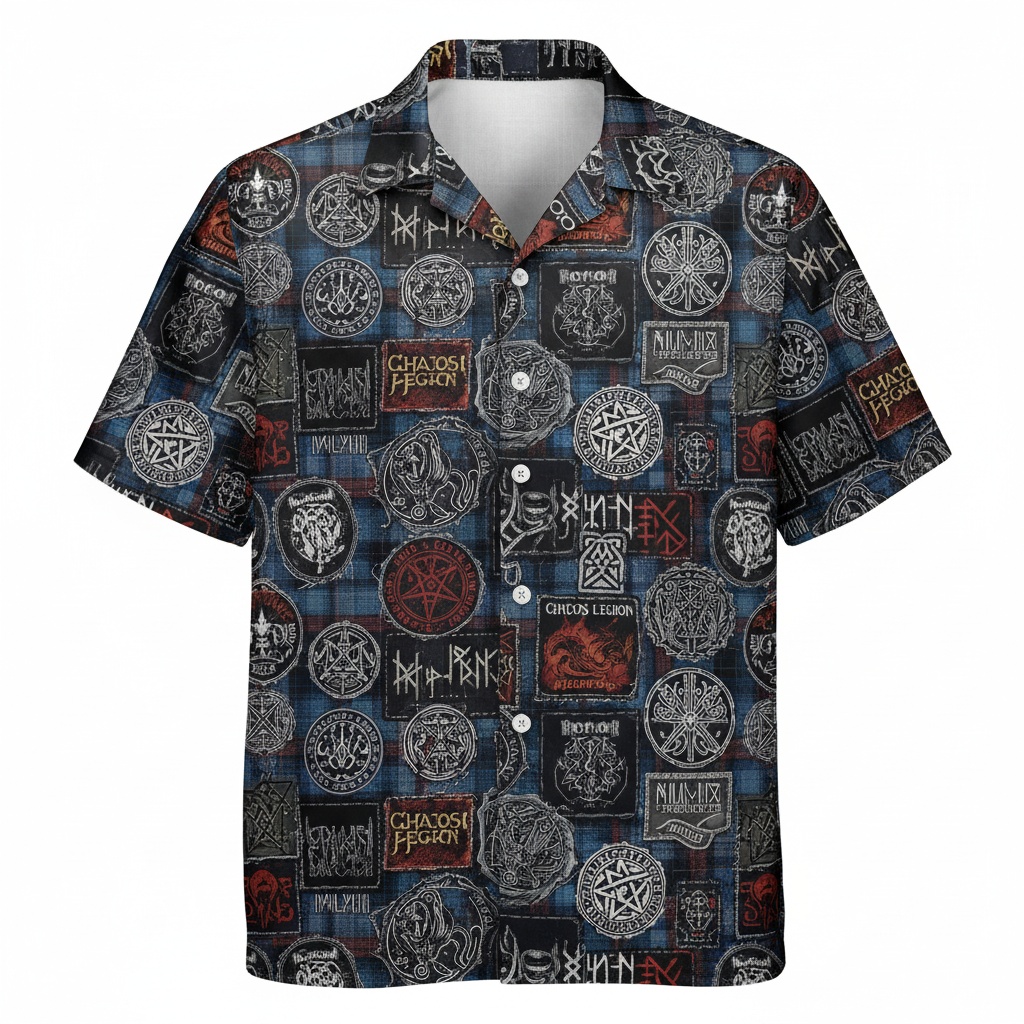 Dark Blue Band Patch Hawaiian Shirt Gothic Style Front - Fadebrick.com