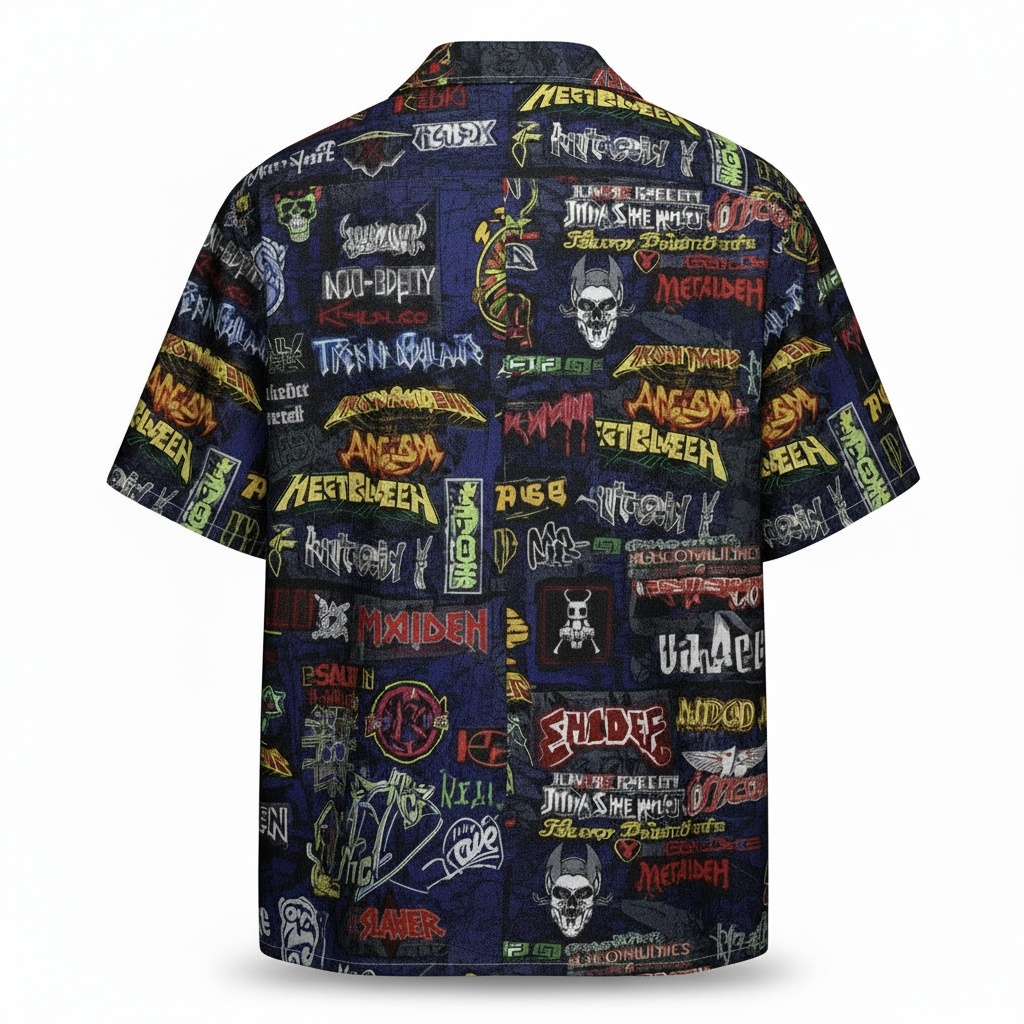Dark Blue Heavy Metal Band Print Button Up Shirt Back - Fadebrick.com