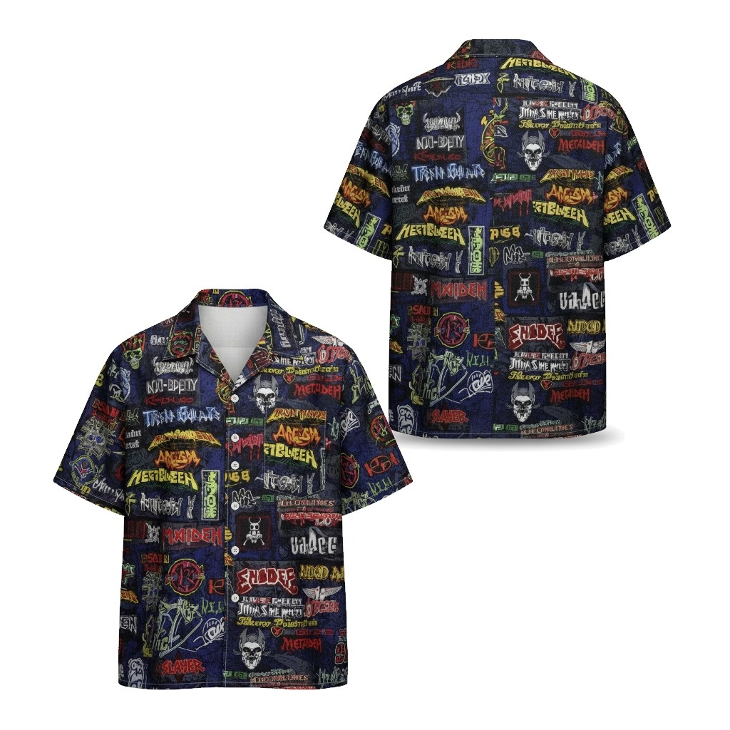 Dark Blue Heavy Metal Band Print Button Up Shirt Front Back - Fadebrick.com