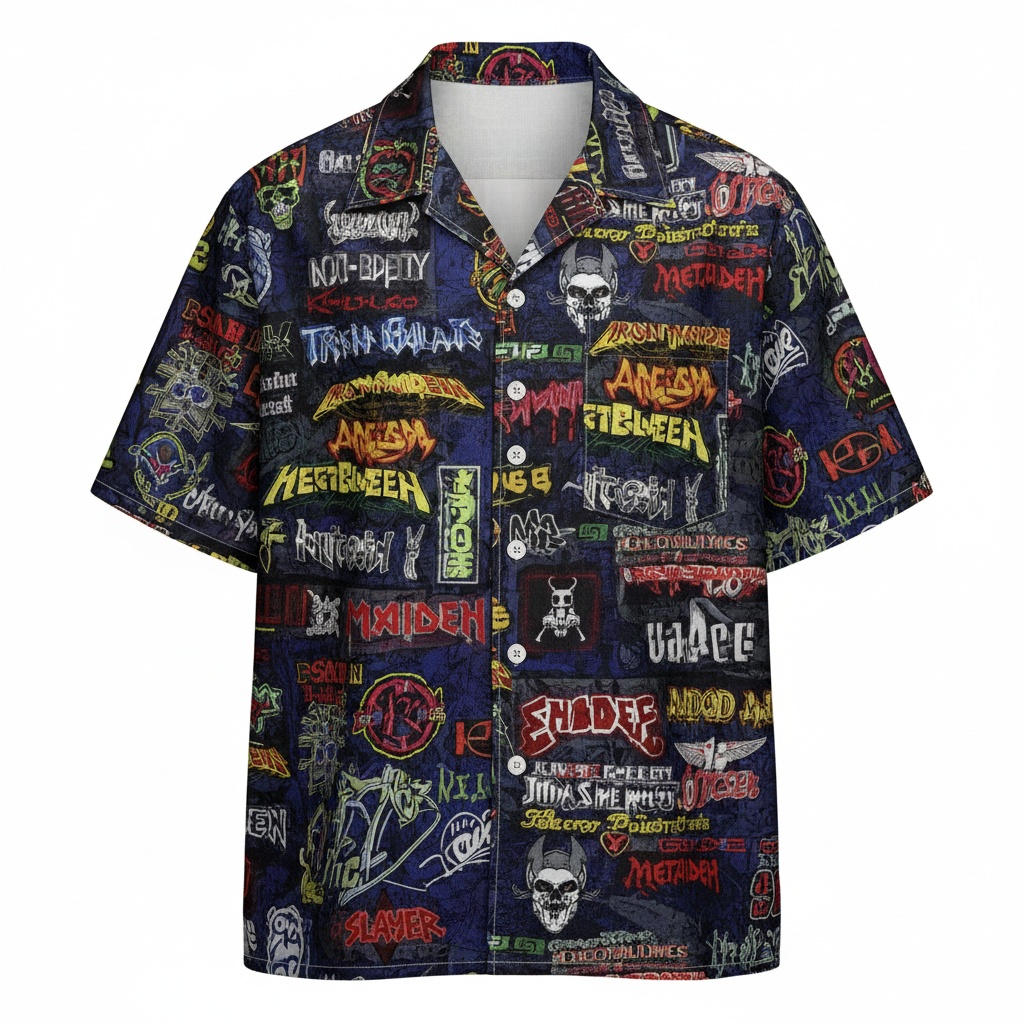 Dark Blue Heavy Metal Band Print Button Up Shirt Front - Fadebrick.com