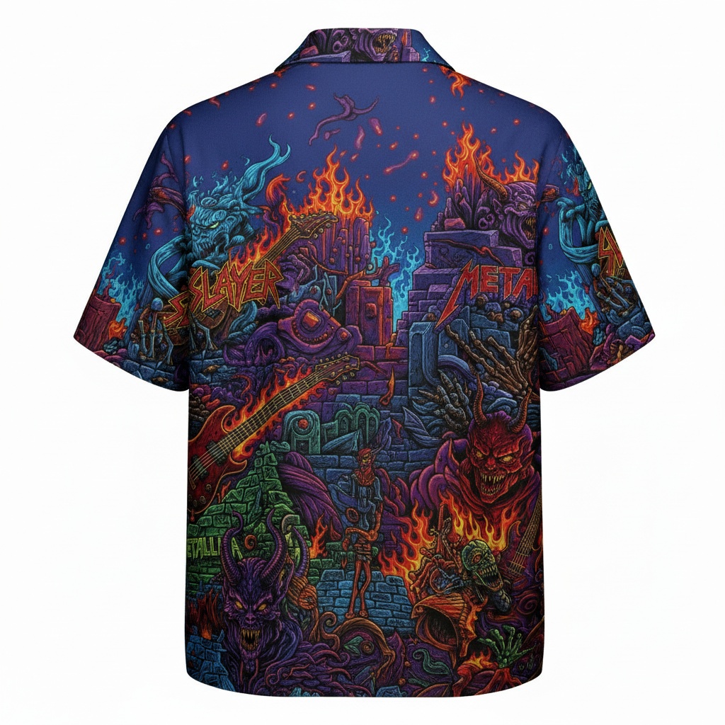 Dark Blue Heavy Metal Skull Graphic Button Up Shirt Back - Fadebrick.com