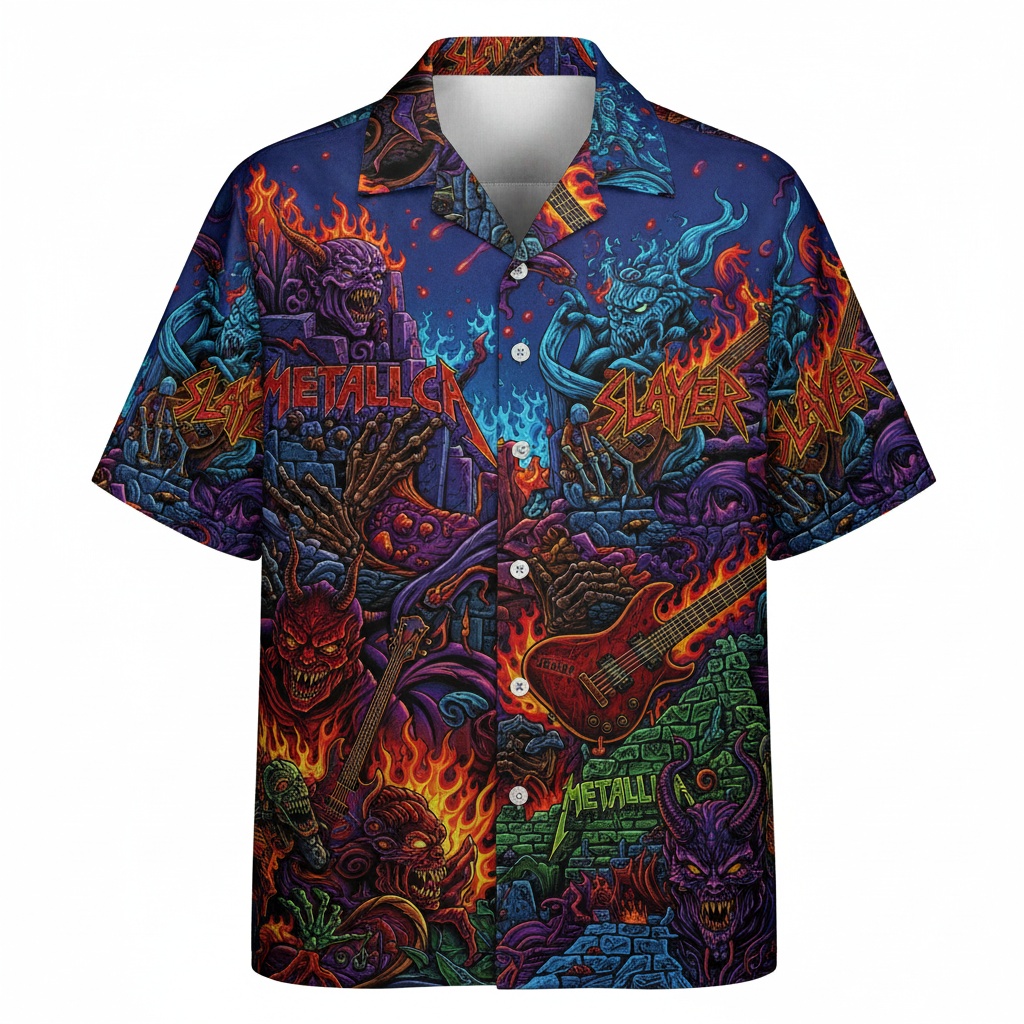Dark Blue Heavy Metal Skull Graphic Button Up Shirt Front - Fadebrick.com